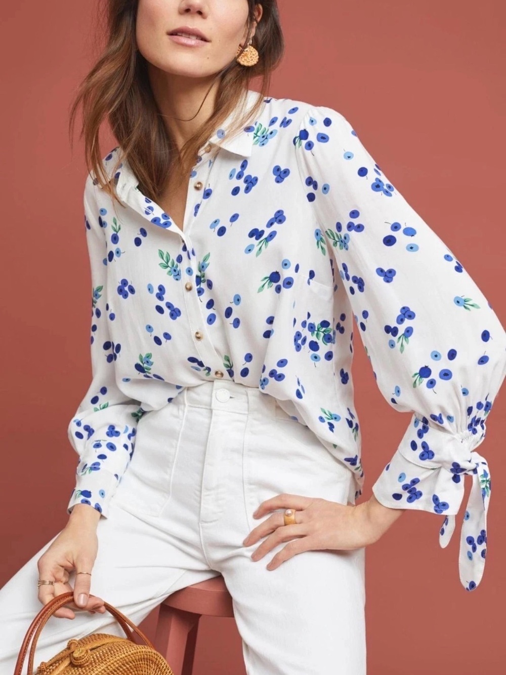 Anthropologie Maeve Bluberry Button-Down Blouse Blith Tie Sleeve Sz 8